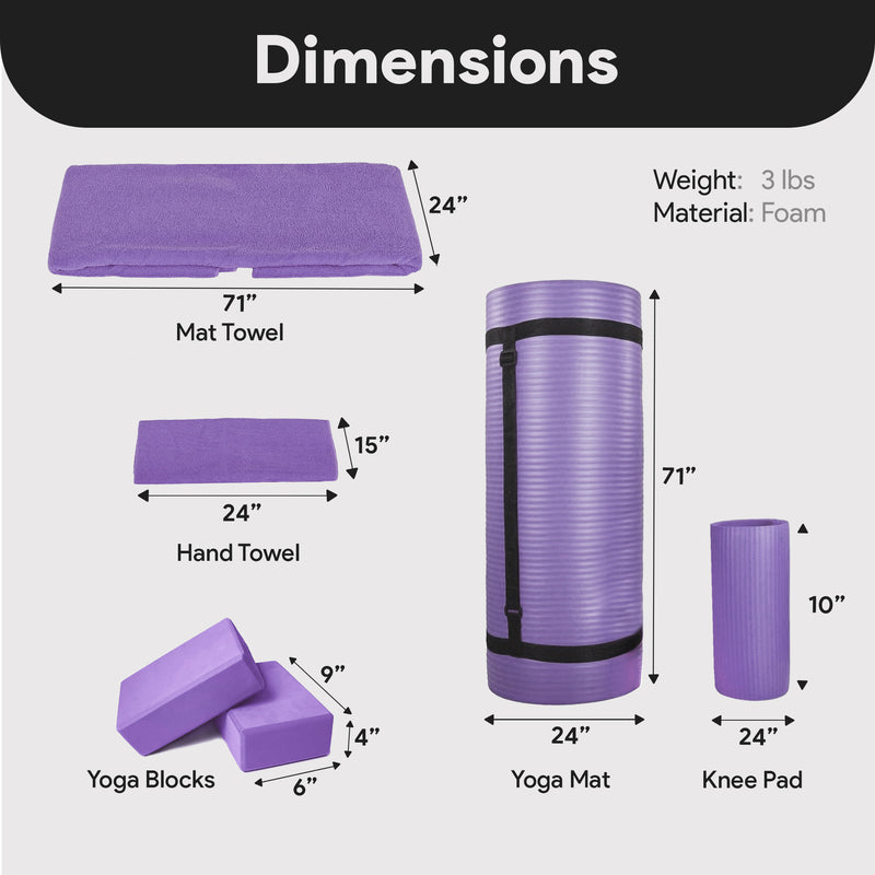 BalanceFrom 7pc Yoga Set w/Mat, Stretch Strap & Knee Pad, Purple (Open Box)