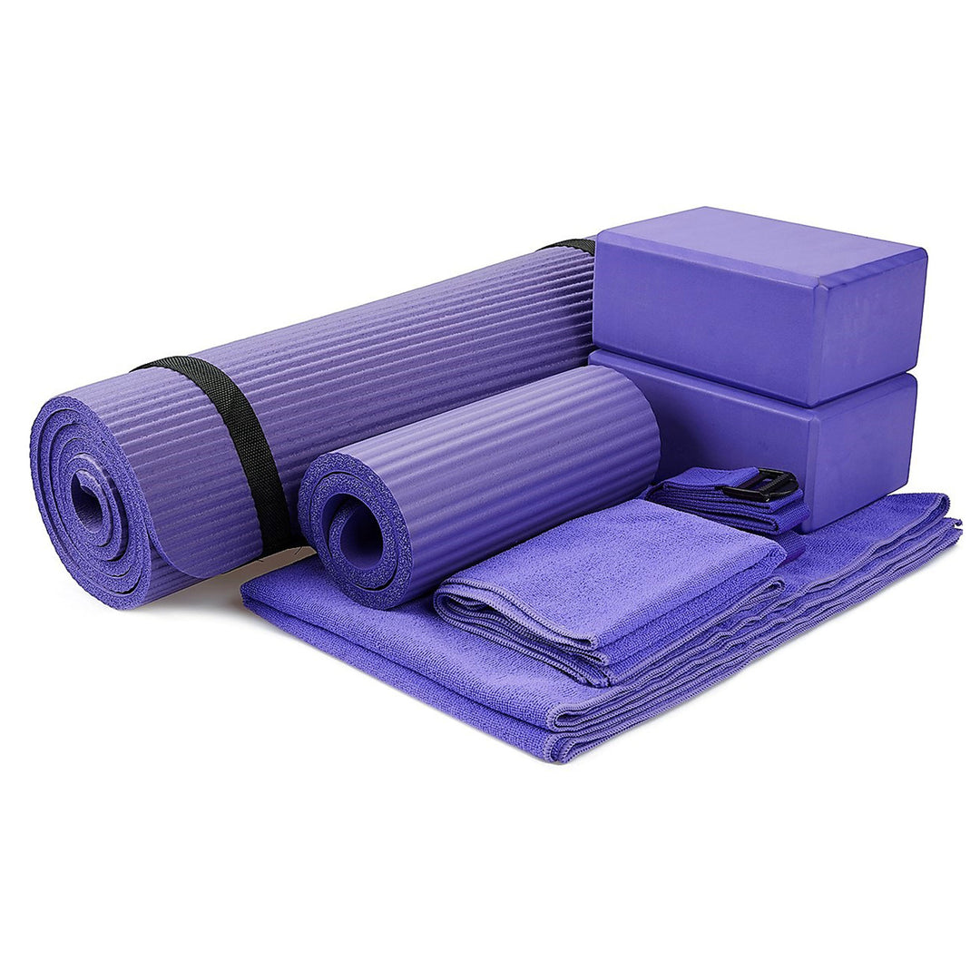 BalanceFrom 7pc Yoga Set w/Mat, Stretch Strap & Knee Pad, Purple (Open Box)