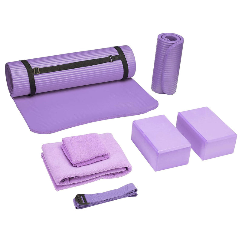 BalanceFrom Fitness 7pc Yoga Set with Mat, Stretch Strap & Knee Pad,Purple(Used)