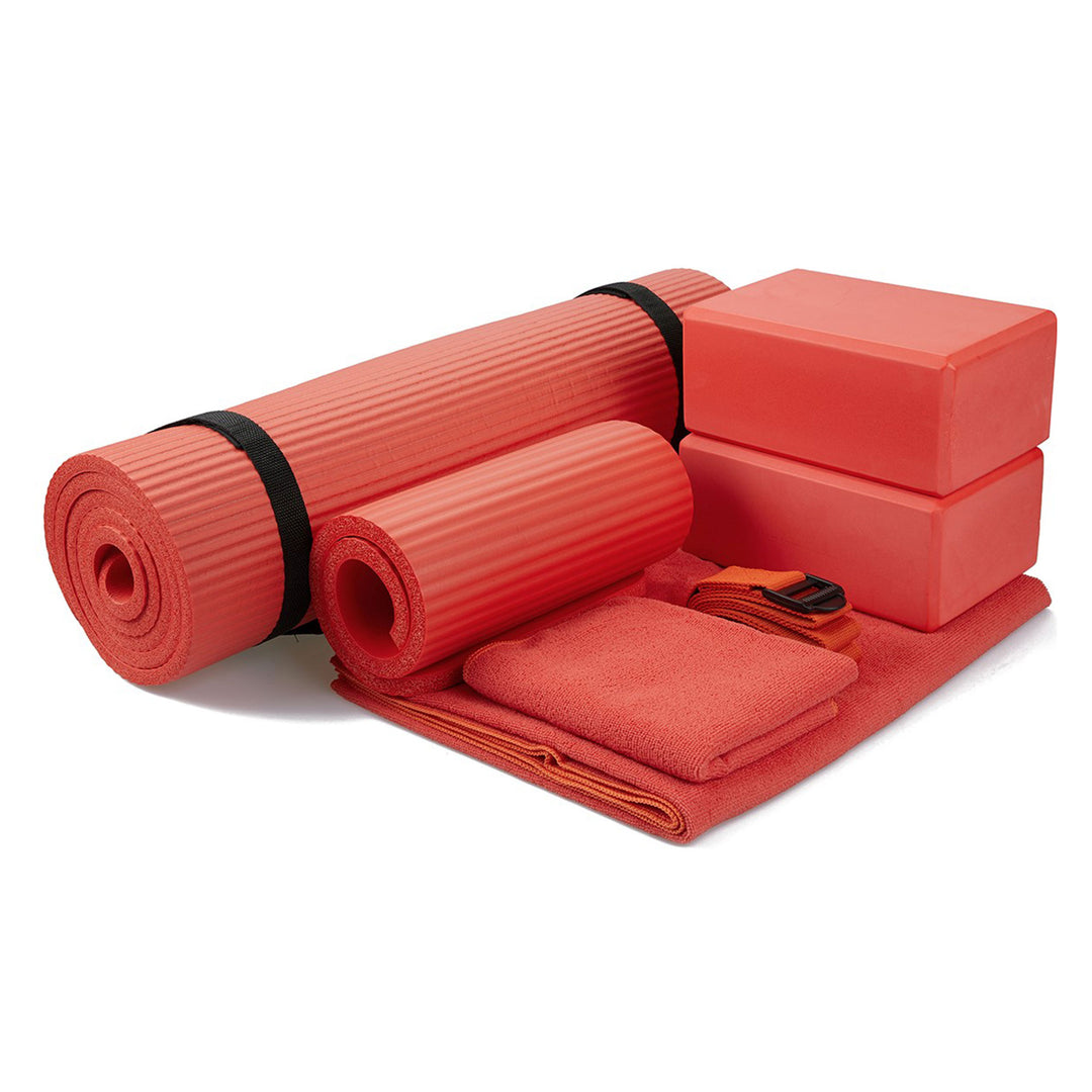 BalanceFrom Fitness 7 Piece Yoga Set with Mat, Stretch Strap & Knee Pad, Red