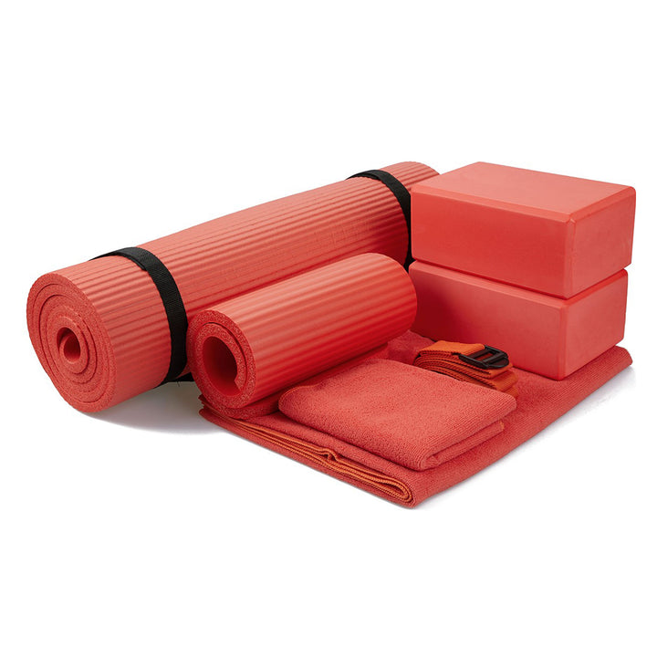 BalanceFrom Fitness 7pc Yoga Set with Mat, Stretch Strap & Knee Pad, Red (Used)