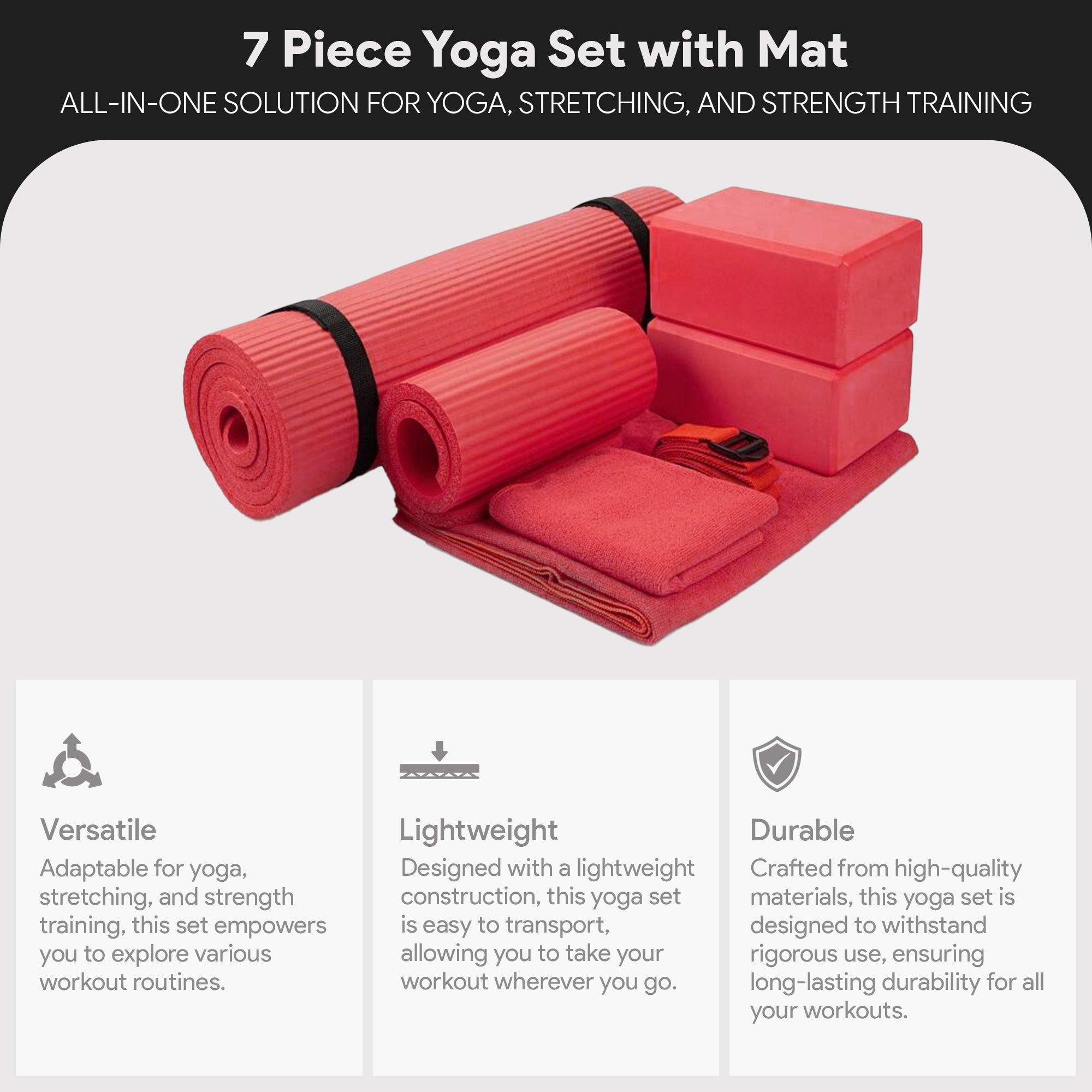 BalanceFrom Fitness 7 Piece Yoga Set with Mat, Stretch Strap & Knee Pad, Red - VMInnovations