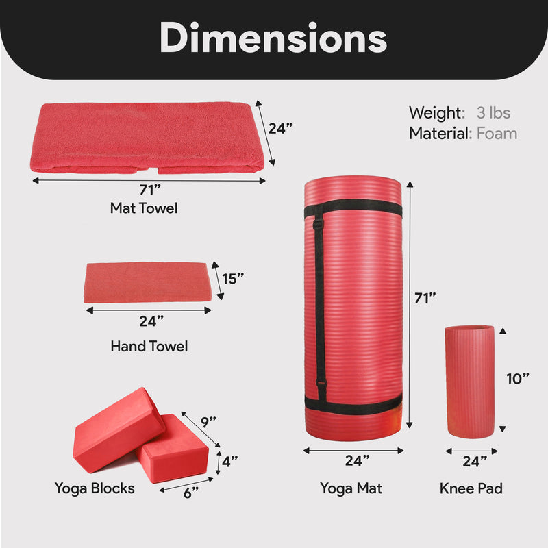 BalanceFrom Fitness 7 Piece Yoga Set with Mat, Strap & Knee Pad, Red (Open Box)