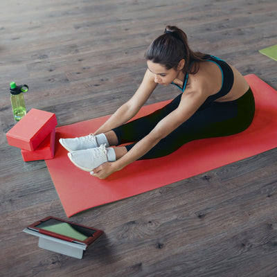 BalanceFrom Fitness 7 Piece Yoga Set with Mat, Stretch Strap & Knee Pad, Red