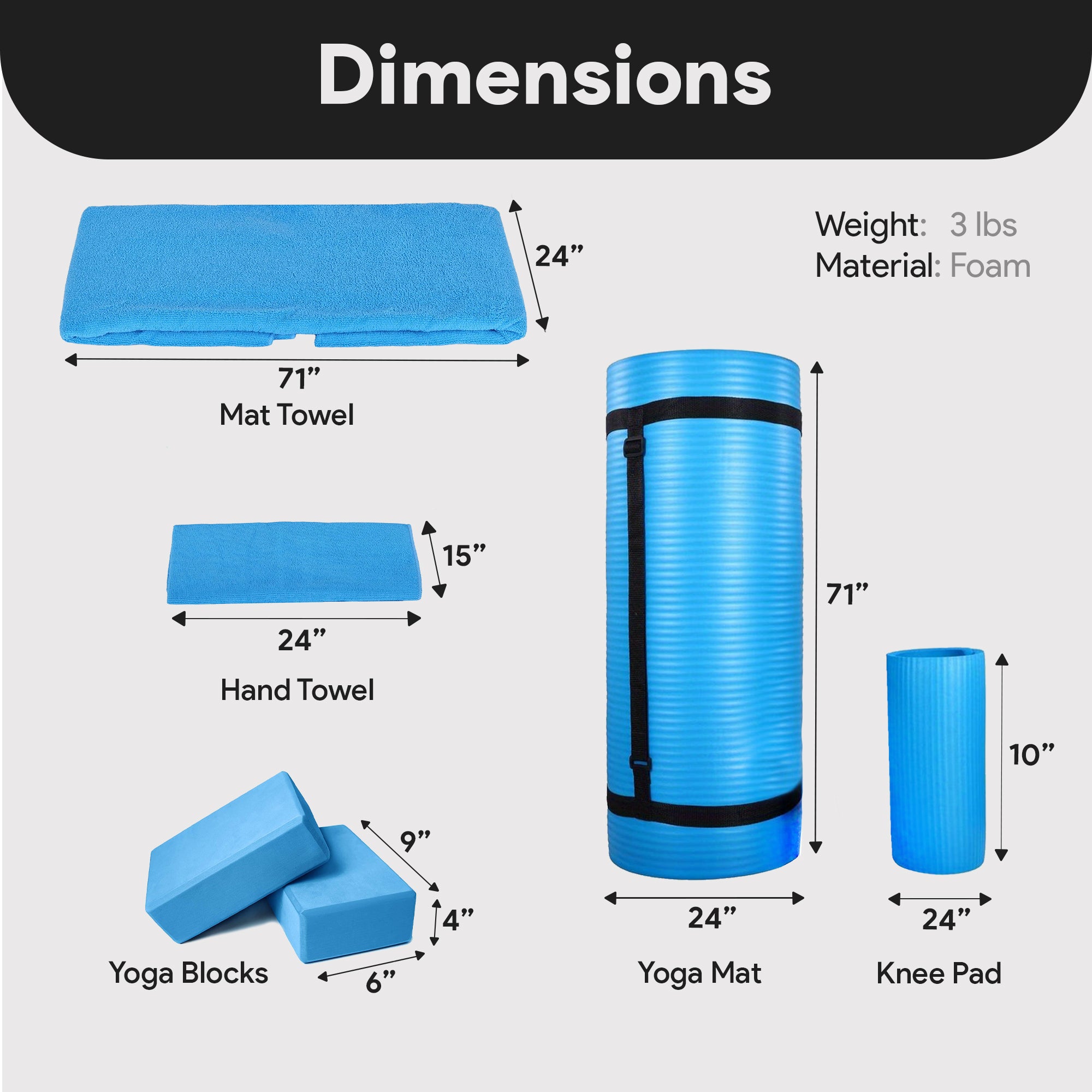 BalanceFrom Fitness 7Pc Yoga Set with Mat, Stretch Strap & Knee Pad, Blue (Used) - VMInnovations