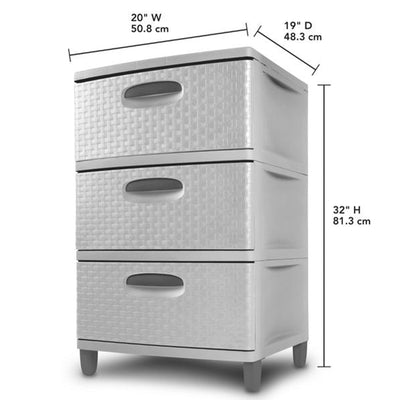 Sterilite 3 Drawer Weave Storage Tower Plastic Organizer Dresser Drawers, Cement