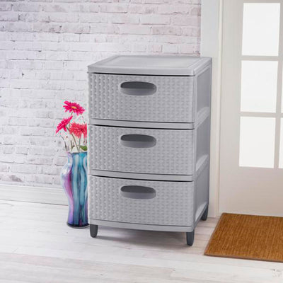 Sterilite 3 Drawer Weave Storage Tower Plastic Organizer Dresser Drawers, Cement - VMInnovations