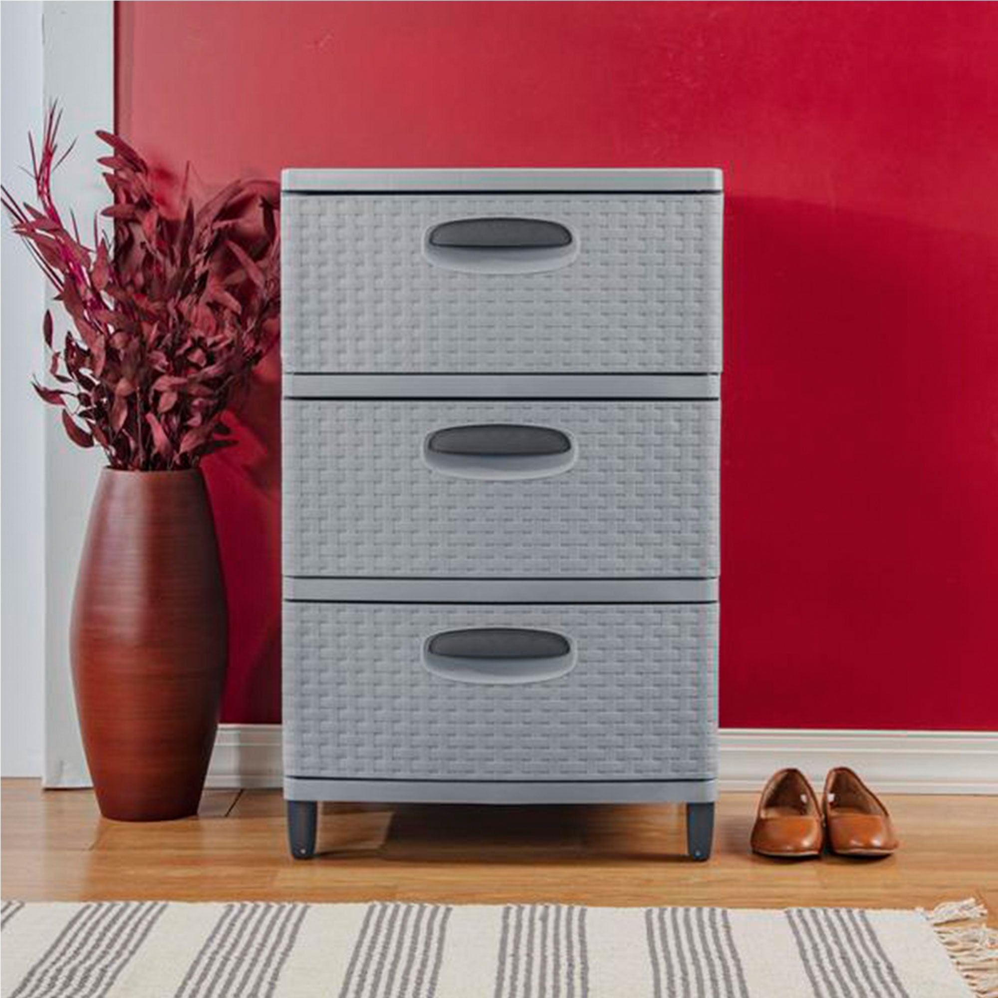 Sterilite 3 Drawer Weave Storage Tower Plastic Organizer Dresser Drawers, Cement - VMInnovations