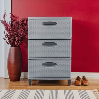 Sterilite 3 Drawer Weave Storage Tower Plastic Organizer Dresser Drawers, Cement - VMInnovations
