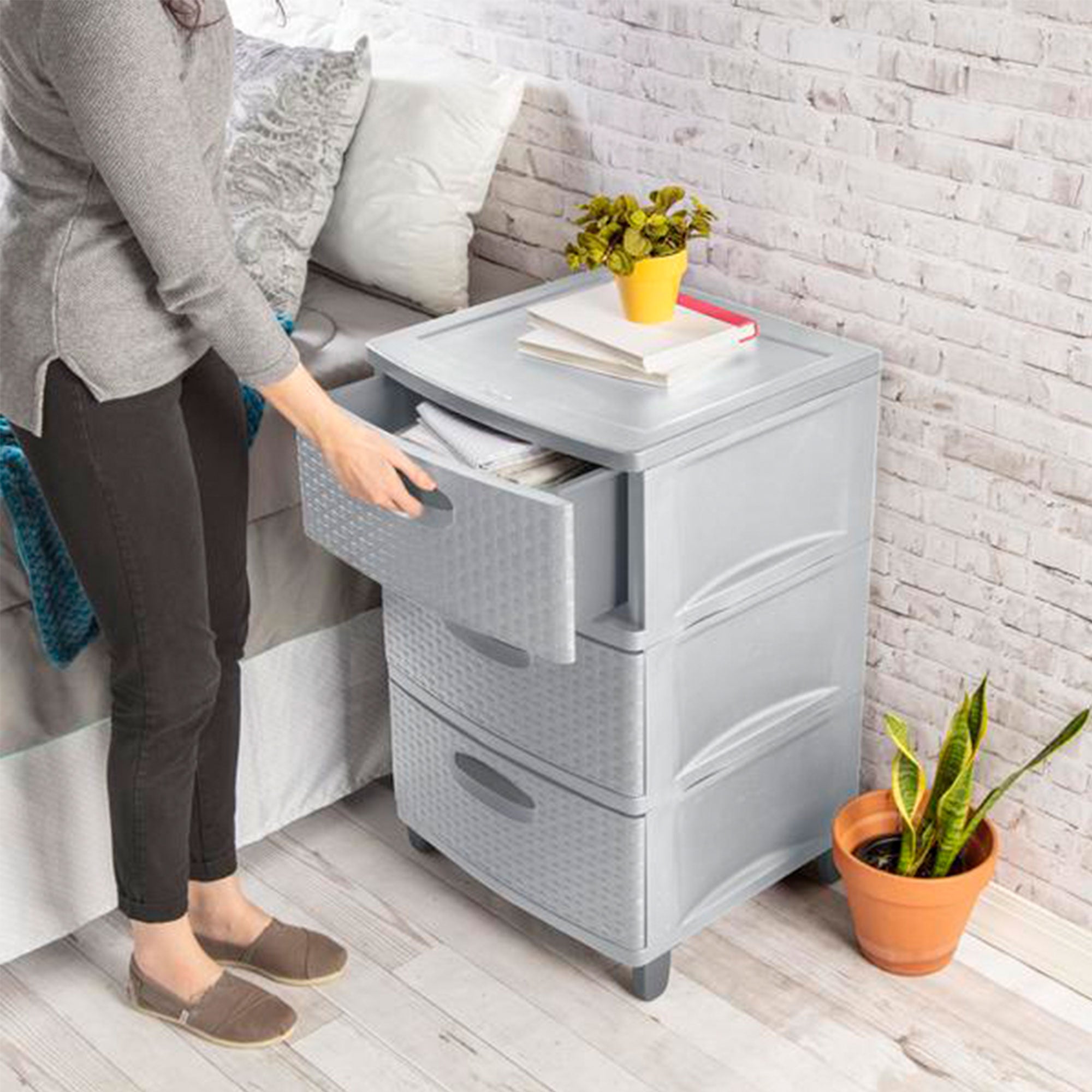 Sterilite 3 Drawer Weave Storage Tower Plastic Organizer Dresser Drawers, Cement - VMInnovations