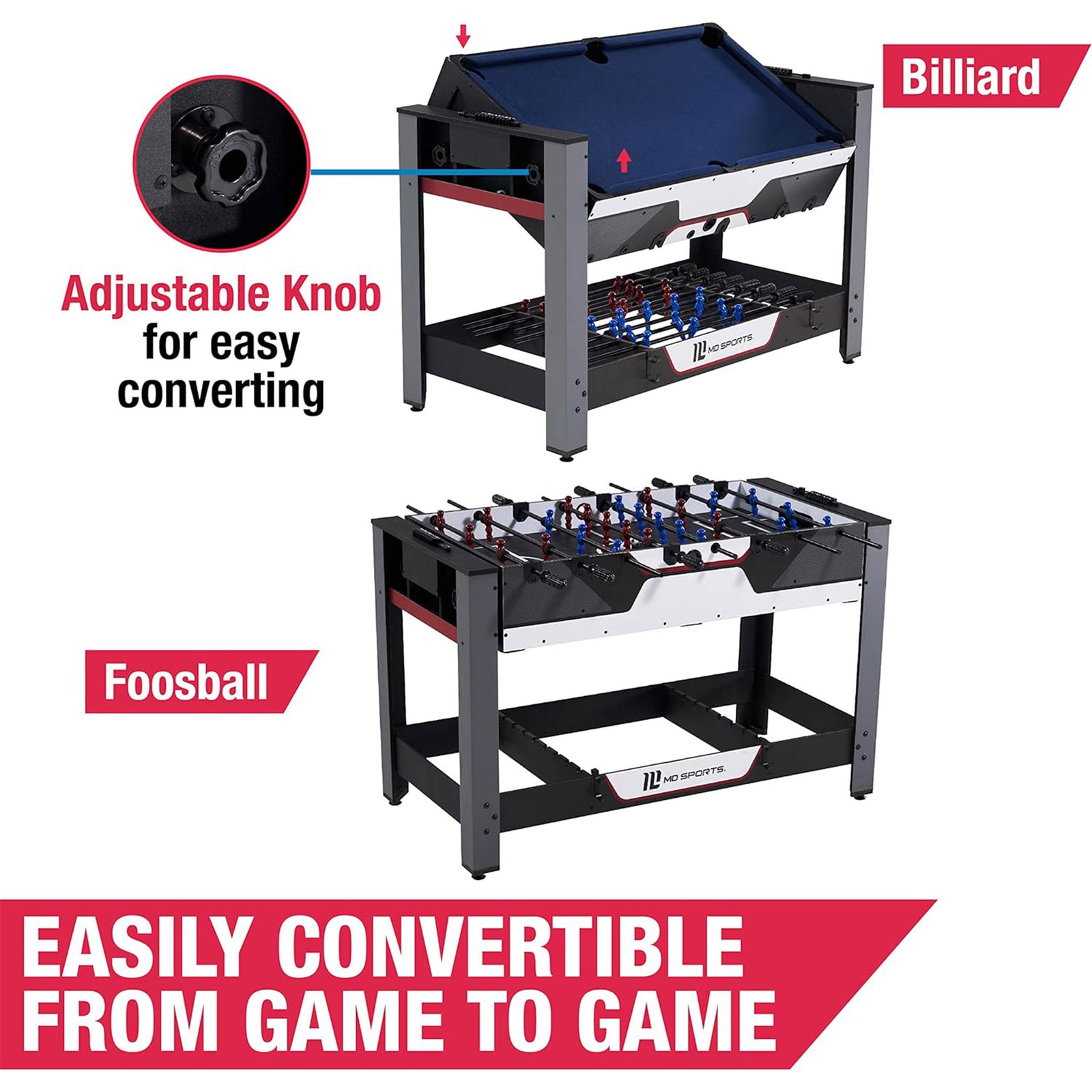 MD Sports 48 Inch 2 in 1 Billiards and Foosbal Swivel Table with Accessories - VMInnovations