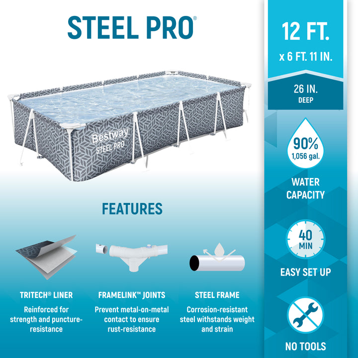 Bestway Steel Pro Rectangle Swimming Pool Set, 12' x 6'7" x 26" (Open Box)