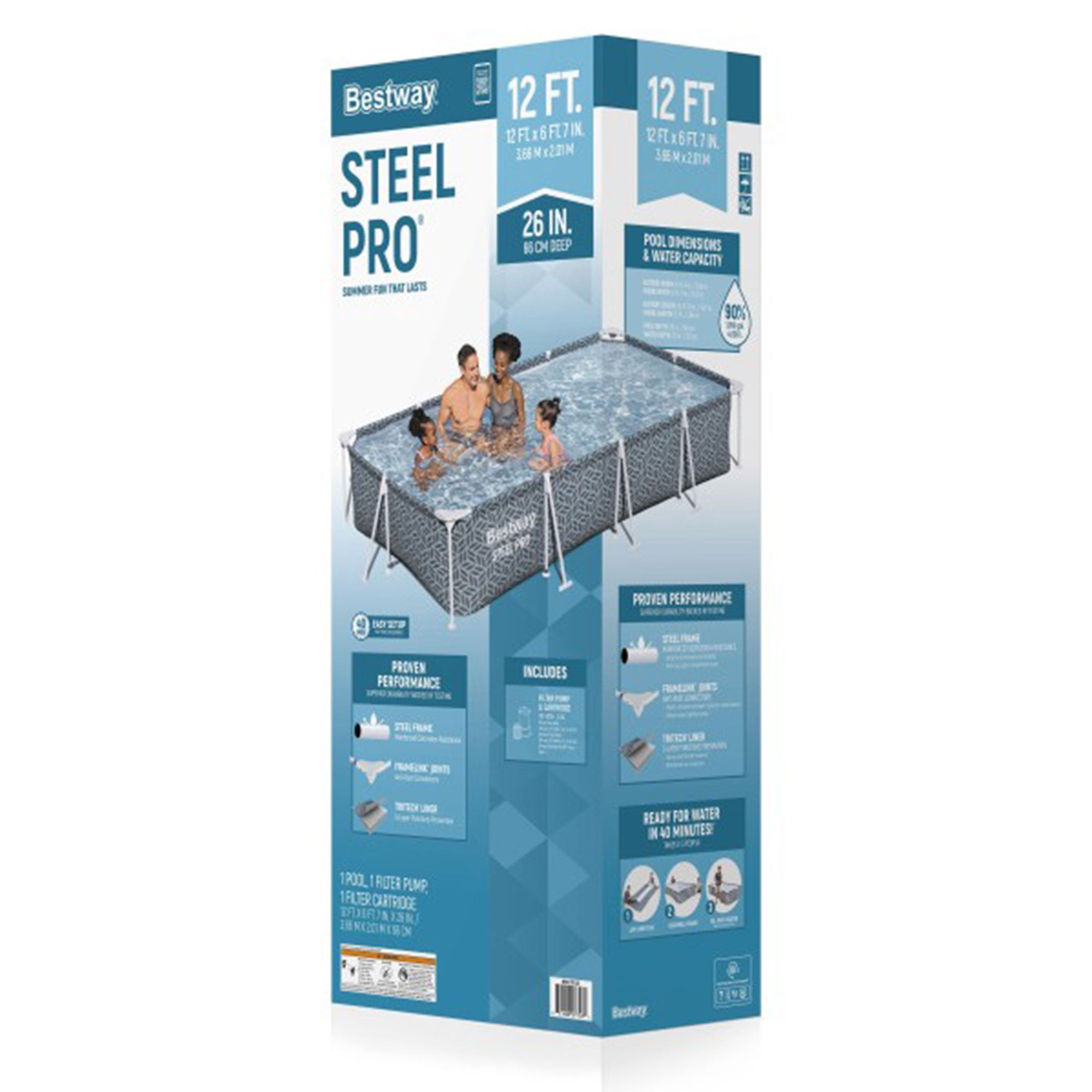Bestway Steel Pro Rectangle Swimming Pool Set, 12' x 6'7" x 26" (Open Box) - VMInnovations