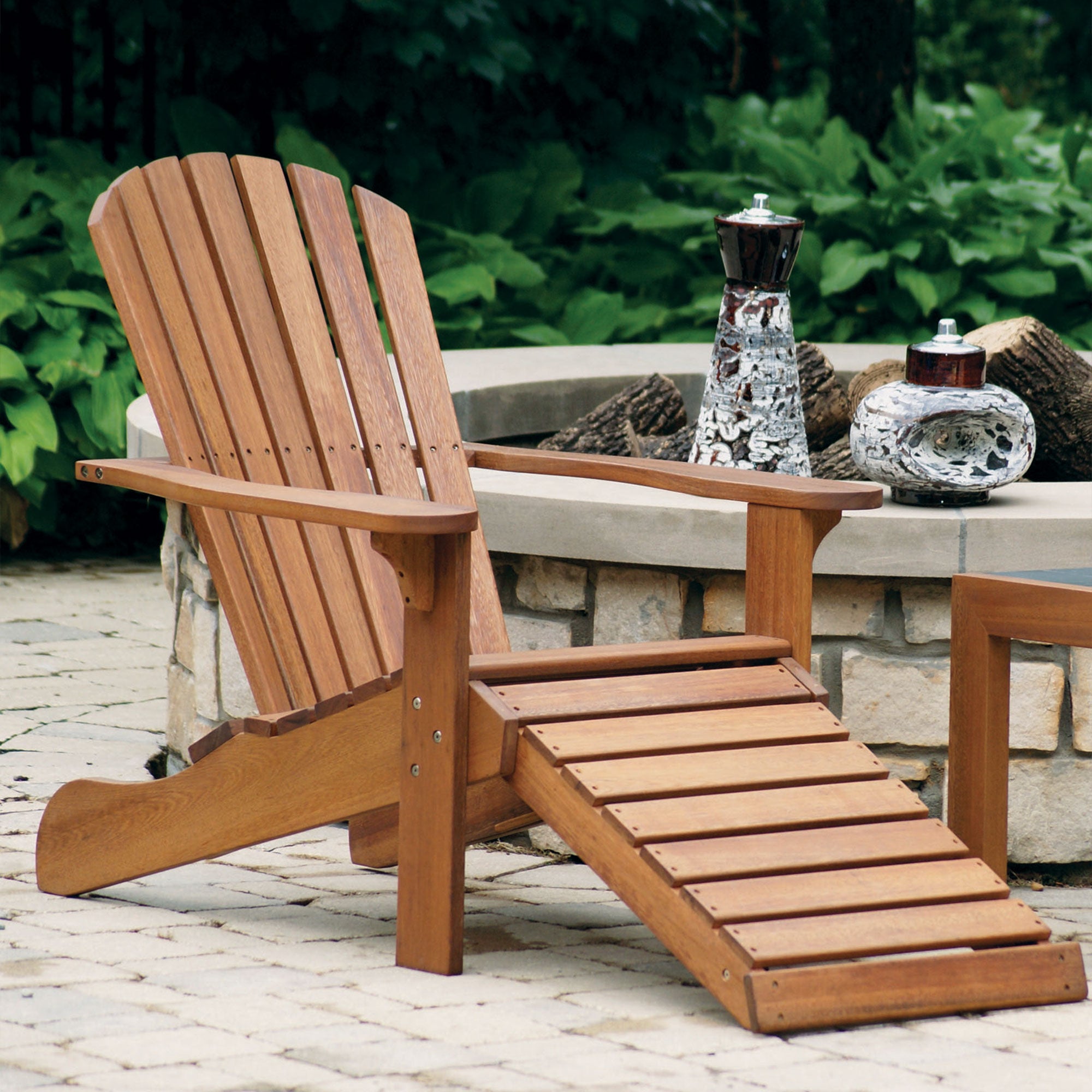 Outdoor Interiors Eucalyptus Wood Adirondack Chair with Built In Ottoman, Brown - VMInnovations