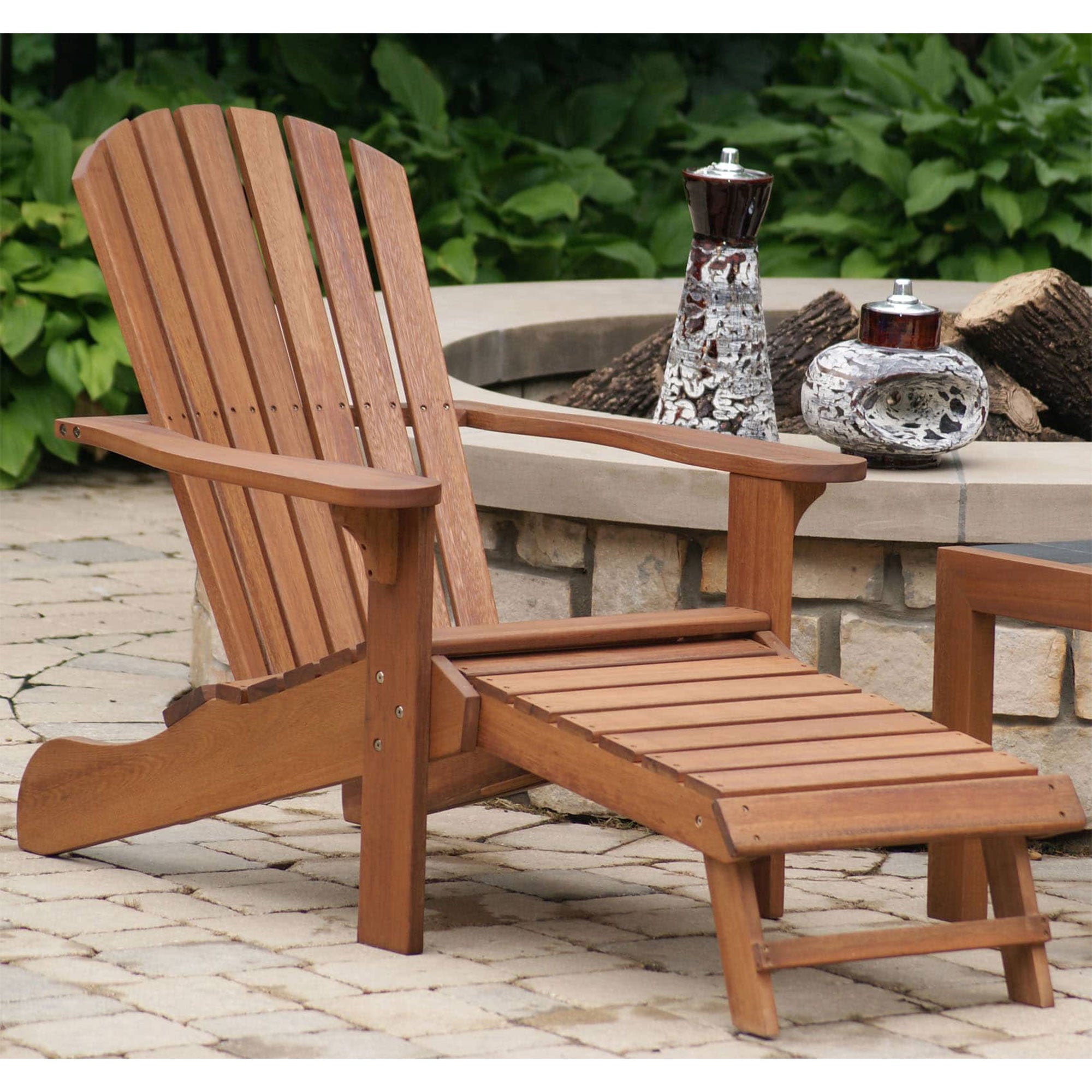Outdoor Interiors Eucalyptus Wood Adirondack Chair with Built In Ottoman, Brown - VMInnovations