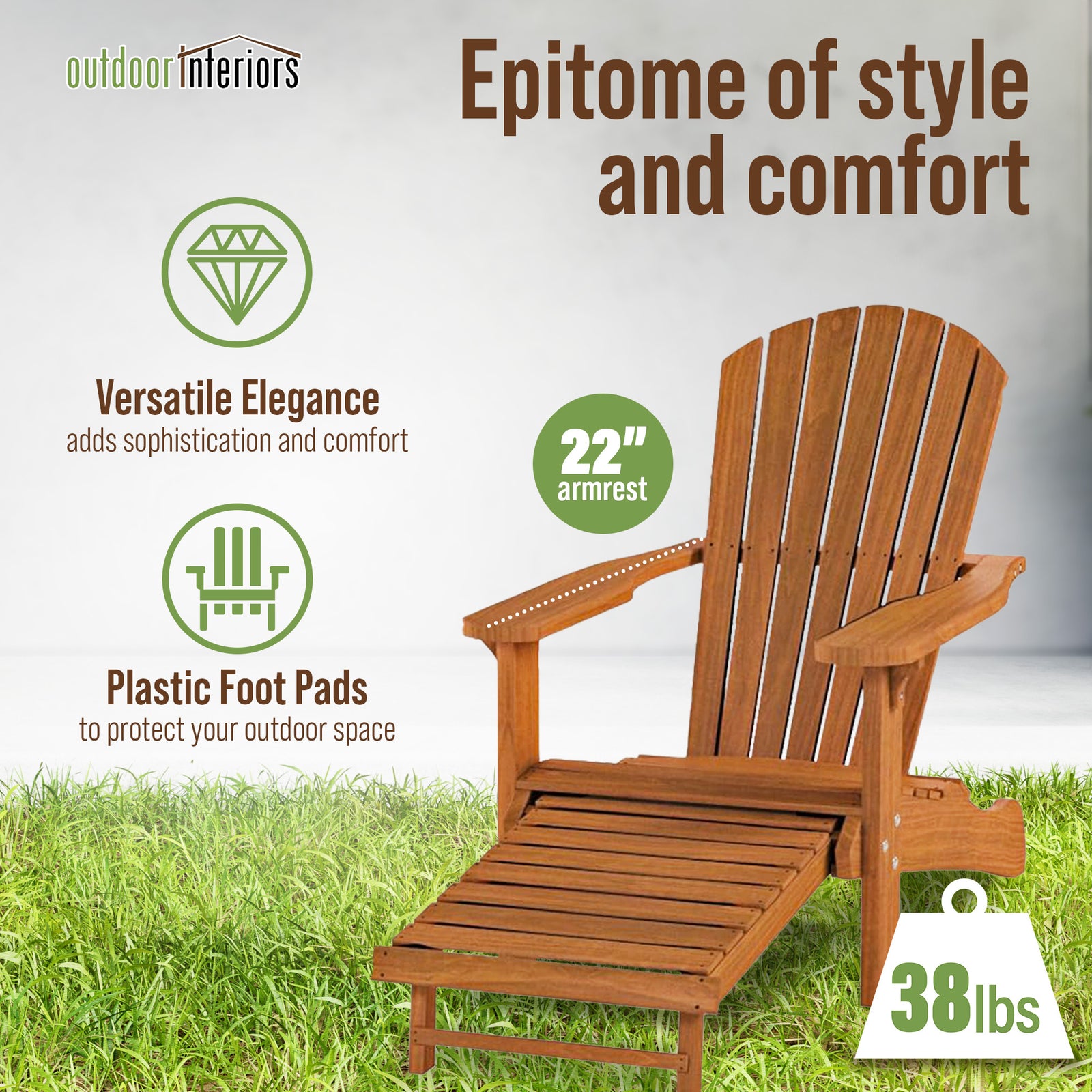 Outdoor Interiors Eucalyptus Wood Adirondack Chair with Built In Ottoman, Brown - VMInnovations