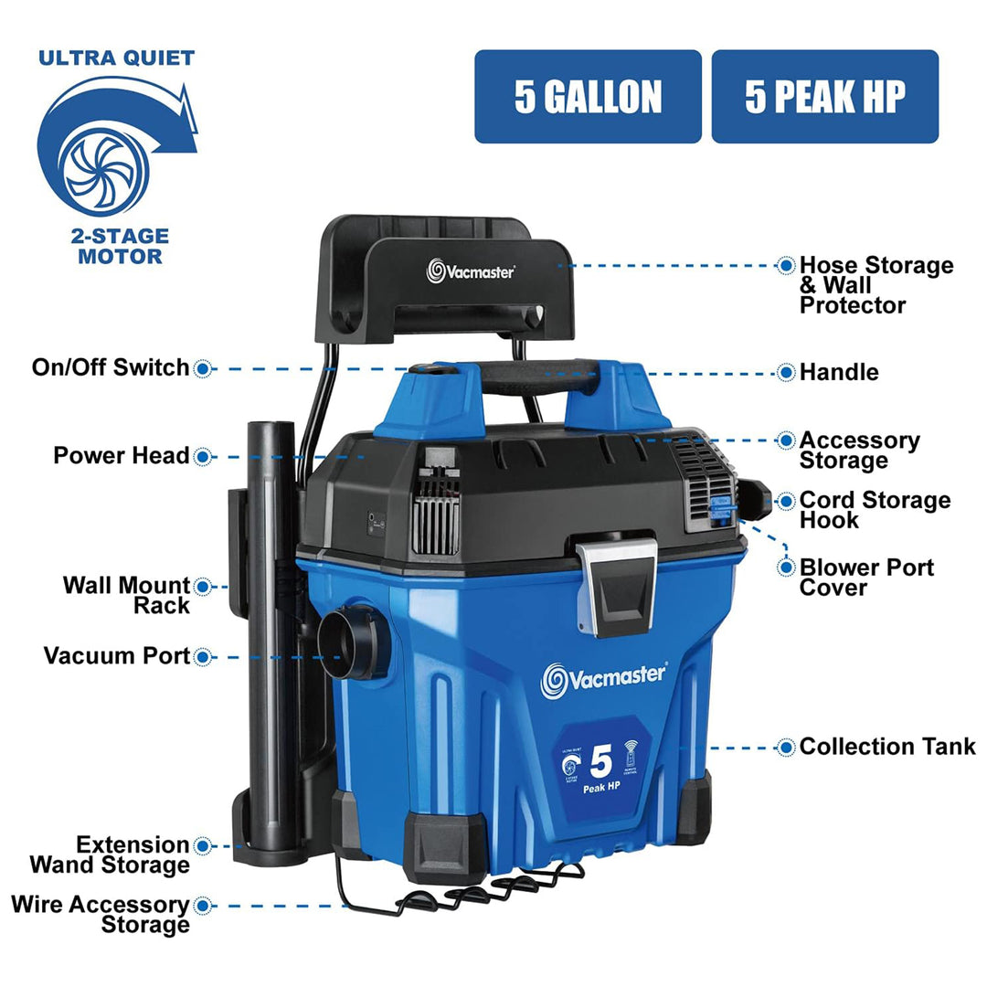 Vacumaster 5 Gal Remote Control Wall Mount Wet/Dry Vacuum Tank for Garage Shops - VMInnovations