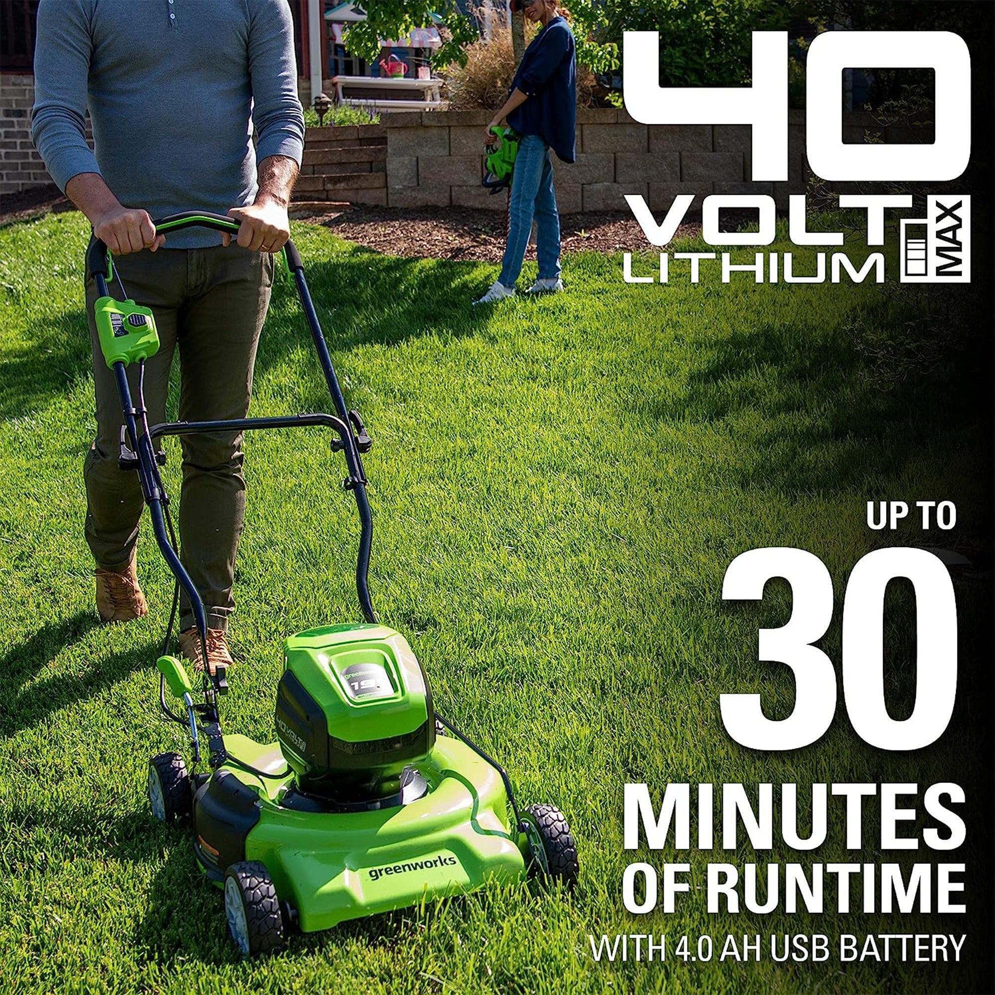 Greenworks 40V Cordless Battery Push Lawn Mower 4.0Ah 19" Deck, Charger Included - VMInnovations