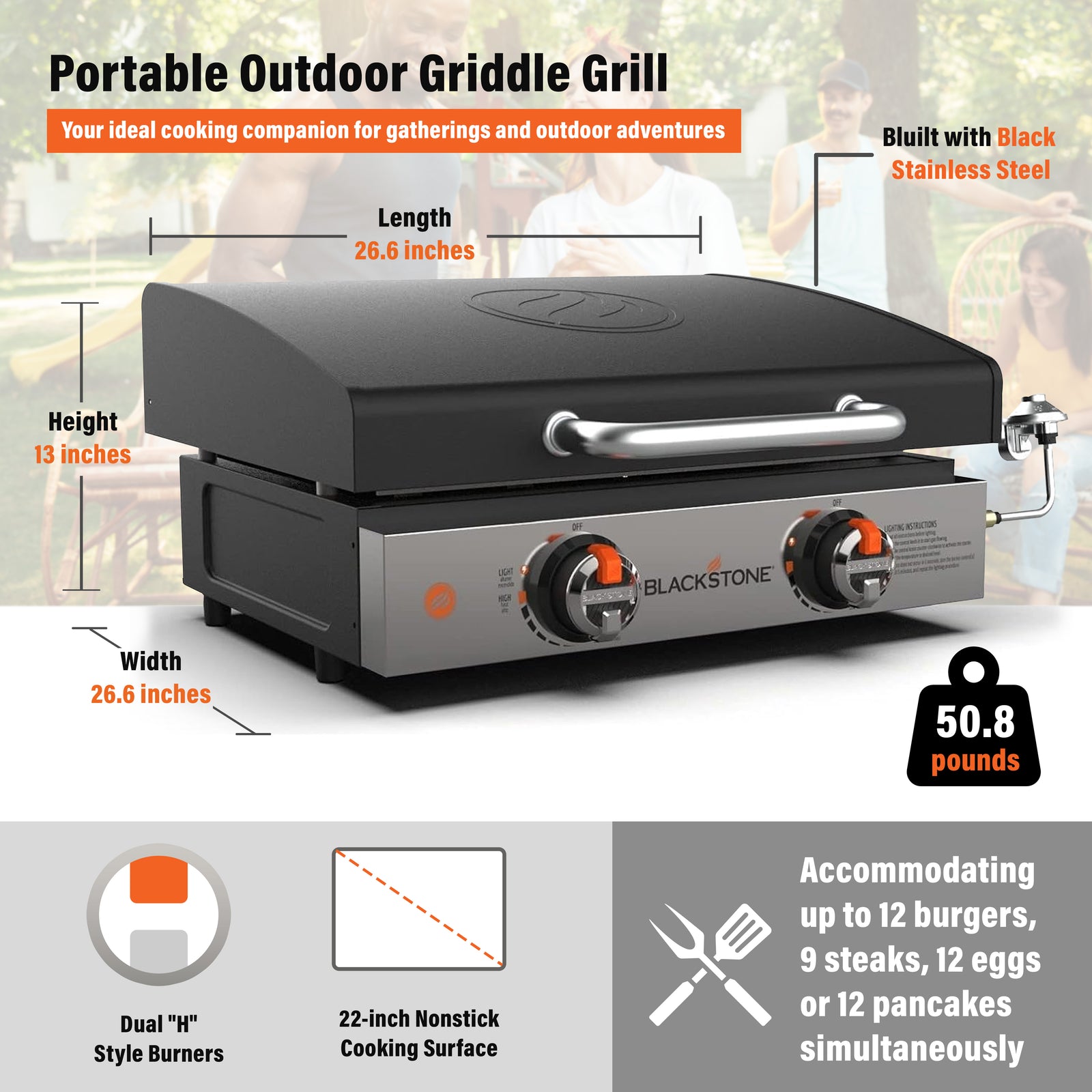Blackstone Stainless Steel Propane Hood Portable Outdoor Griddle Grill, Black - VMInnovations