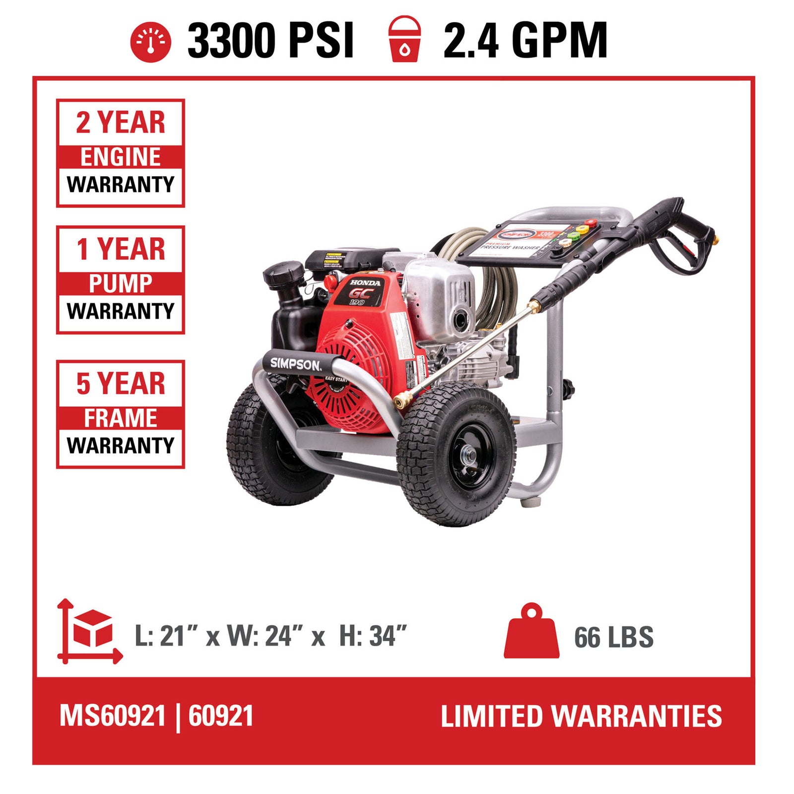 Simpson Cleaning MegaShot 3300 PSI 2.4 GPM Portable Pressure Washer with Nozzles - VMInnovations