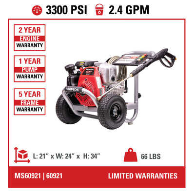 Simpson Cleaning MegaShot 3300 PSI 2.4 GPM Portable Pressure Washer with Nozzles