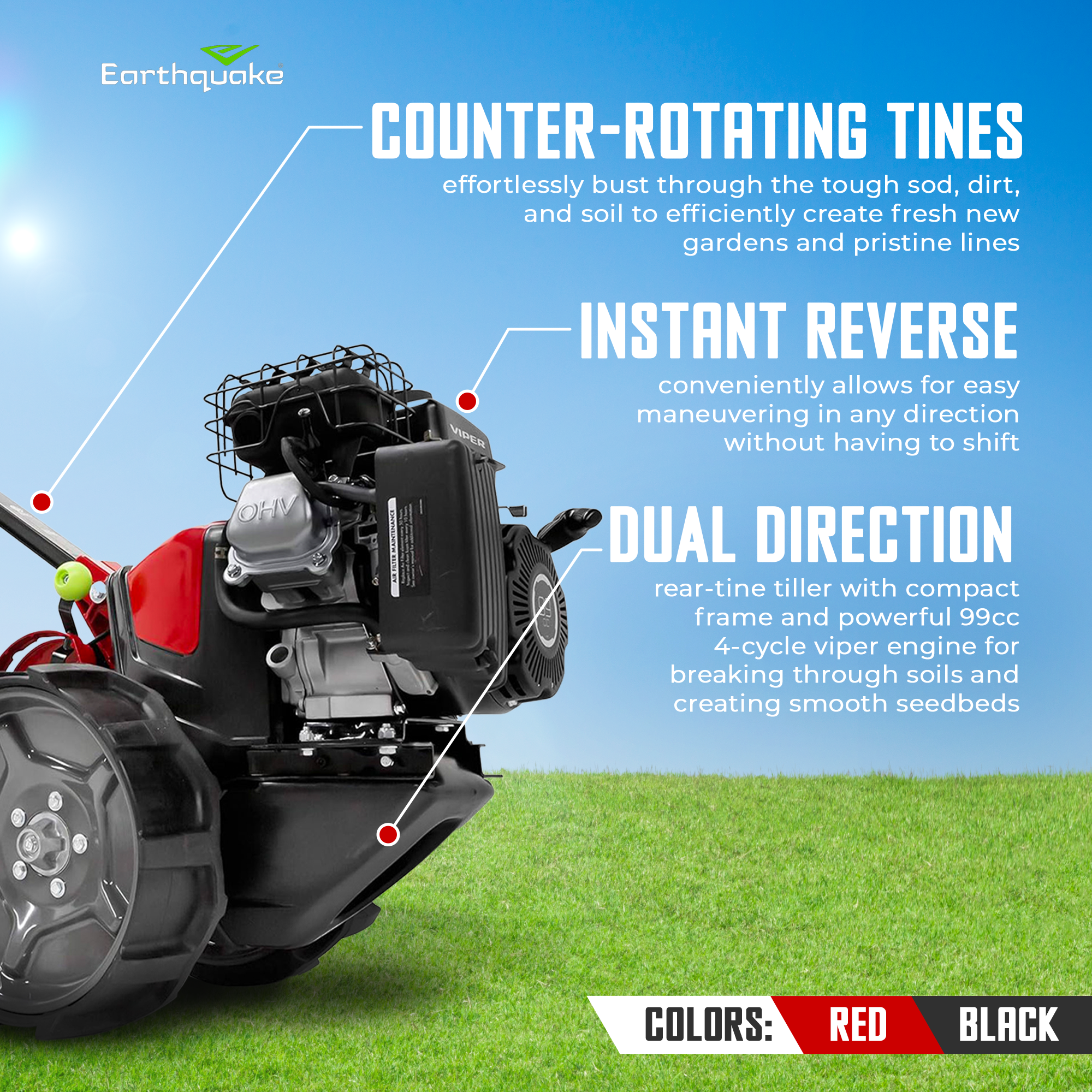 Earthquake Pioneer Dual Direction Rear Tine Tiller with Instant Reverse Feature - VMInnovations