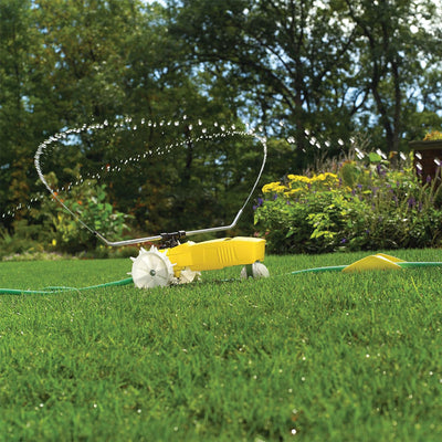 Nelson Rain Train 13,500 Sq Ft Cast Iron Lawn Traveling Sprinkler, Yellow (Used) - VMInnovations