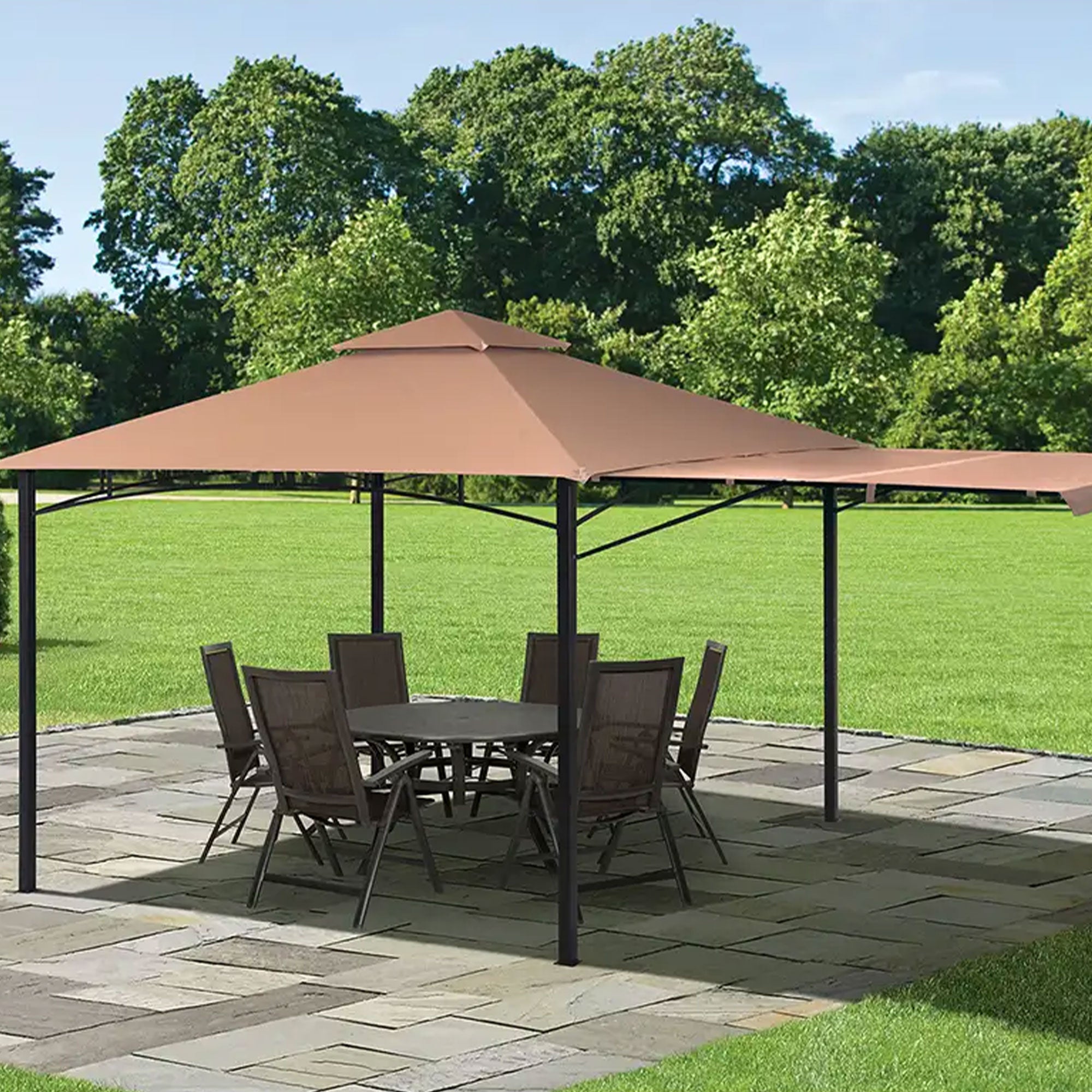 ShelterLogic 11 x 11 Ft Redwood Backyard Gazebo with Retractable Awning, Bronze - VMInnovations