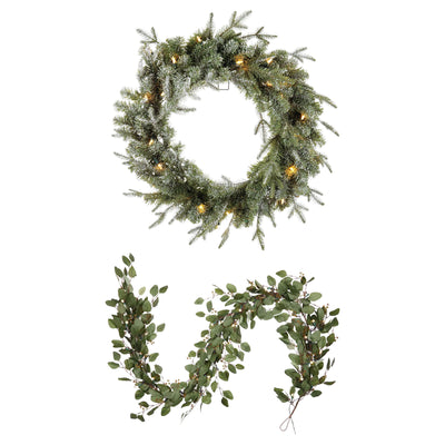 Noma 24" Pre-Lit Frosted Fir Artificial Wreath & 9' Garland Holiday Mantle Decor - VMInnovations