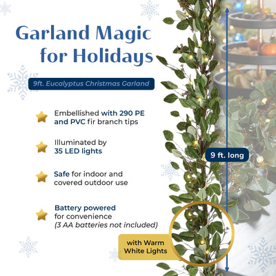 Noma 24" Pre-Lit Frosted Fir Artificial Wreath & 9' Garland Holiday Mantle Decor - VMInnovations