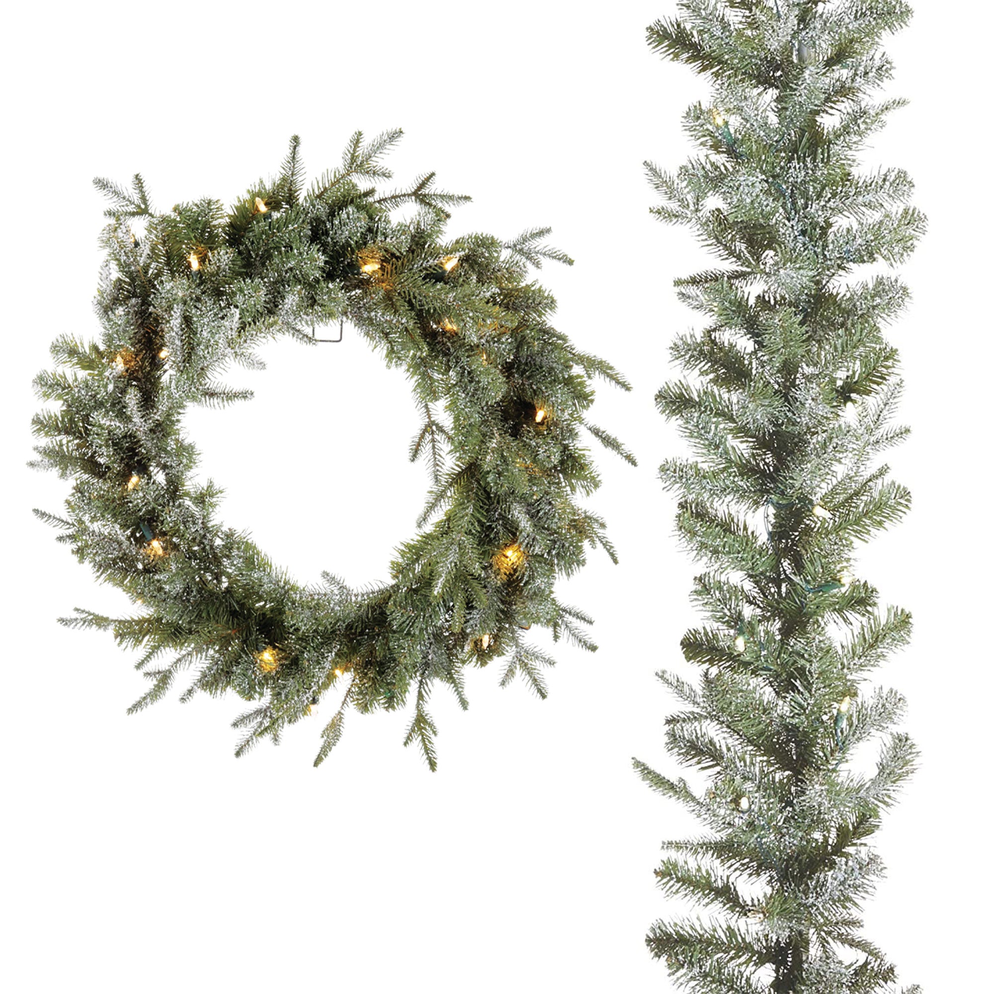 Noma 24" Pre-Lit Frosted Fir Artificial Wreath & 9' Garland Holiday Mantle Decor