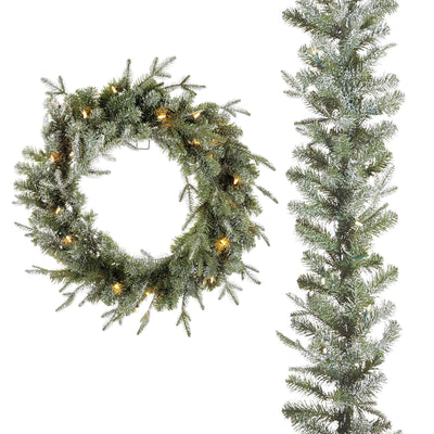 Noma 24" Pre-Lit Frosted Fir Artificial Wreath & 9' Garland Holiday Mantle Decor