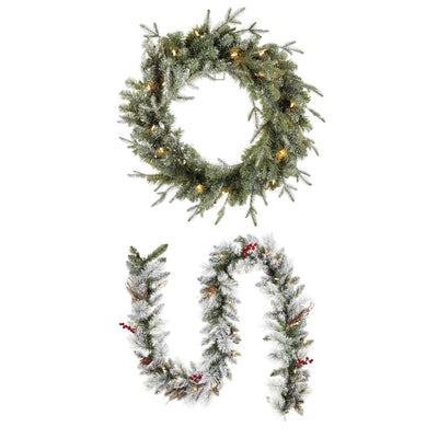 Noma 24" Pre-Lit Frosted Fir Artificial Wreath & 9' Garland Holiday Mantle Decor - VMInnovations