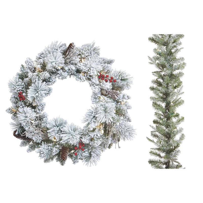 NOMA Snow Dusted Pre Lit Artificial Christmas Wreath with 9 Foot Frosted Garland