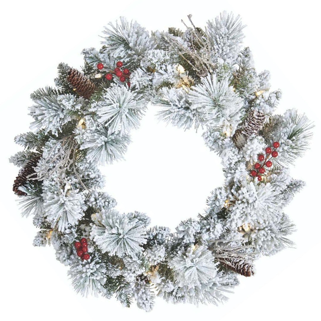 NOMA Snow Dusted Pre Lit Artificial Christmas Wreath with 9 Foot Frosted Garland