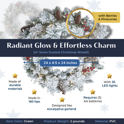 NOMA Snow Dusted Pre Lit Artificial Christmas Wreath with 9 Foot Frosted Garland - VMInnovations