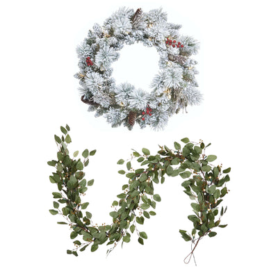 NOMA Snow Dusted Pre Lit Artificial Christmas Wreath with Eucalyptus Garland