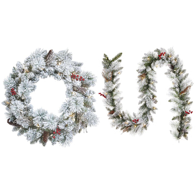 NOMA Snow Dusted Pre Lit Artificial Christmas Wreath with Berry Holiday Garland