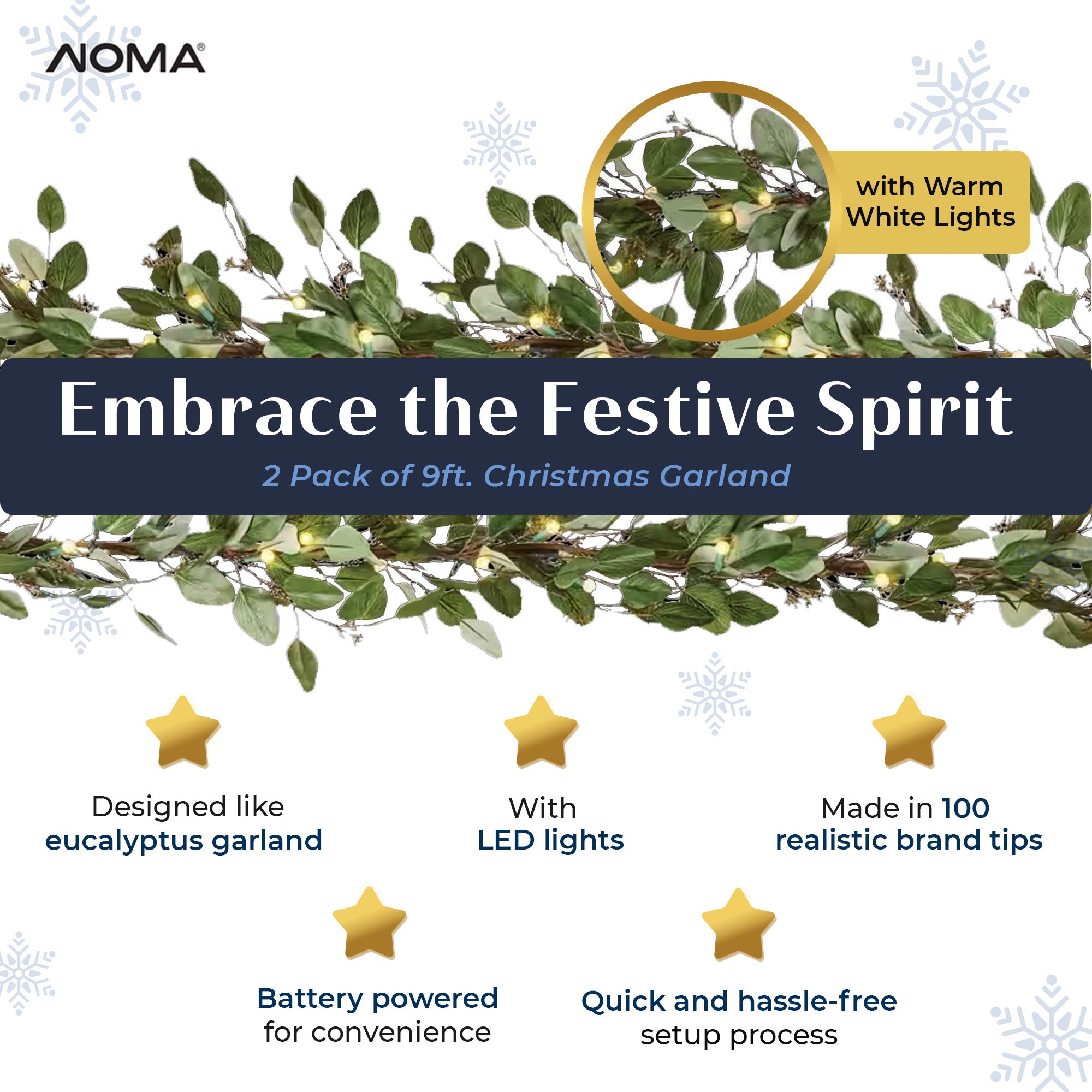 Noma Pre-Lit 9 Foot Christmas Garland with Battery Operated LED Lights (2 Pack)