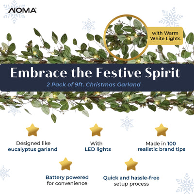 Noma Pre-Lit 9 Foot Christmas Garland with Battery Operated LED Lights (2 Pack)