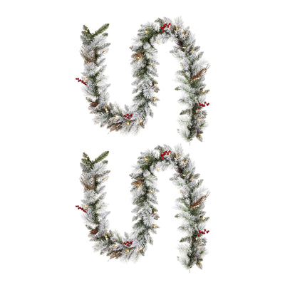 NOMA Snow Dusted Berry 9 Foot Pre Lit Christmas Garland Holiday Decor (2 Pack) - VMInnovations