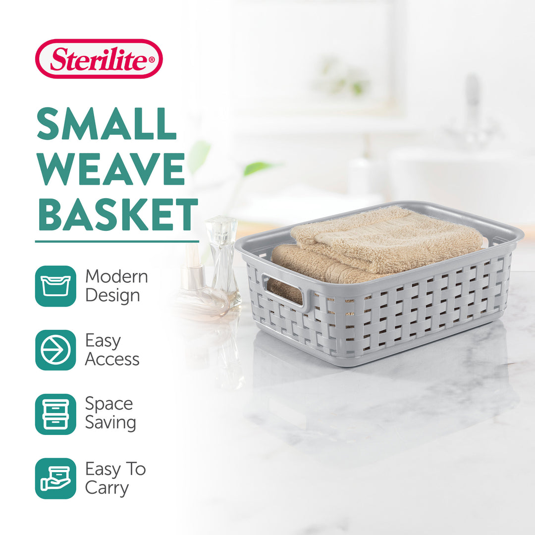 Sterilite 11" Small Weave Open Bin Organize Wicker Storage Basket, Grey, 16 Pack