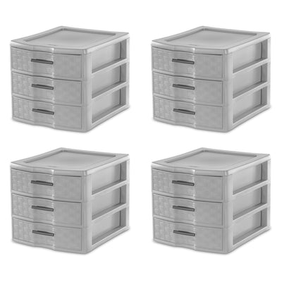 Sterilite Medium Weave 3 Drawer Storage Unit Versatile Organizer, Grey (4 Pack)