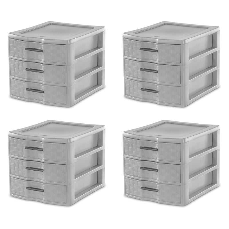 Sterilite Medium Weave 3 Drawer Storage Unit Versatile Organizer, Grey (4 Pack)