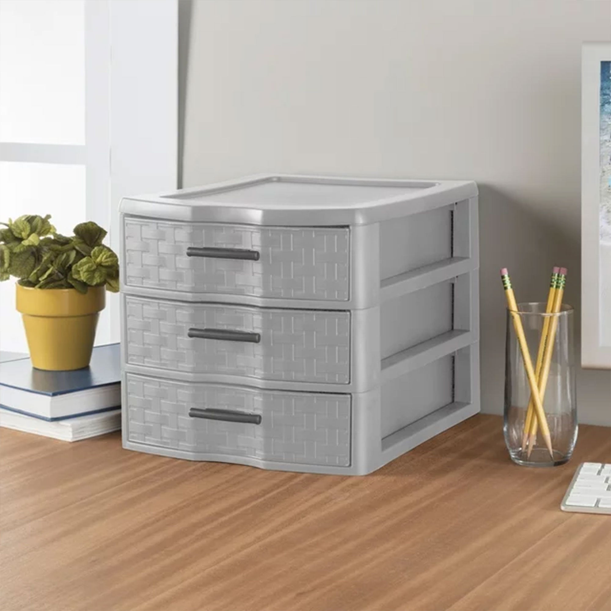 Sterilite Medium Weave 3 Drawer Storage Unit Versatile Organizer, Grey (4 Pack)
