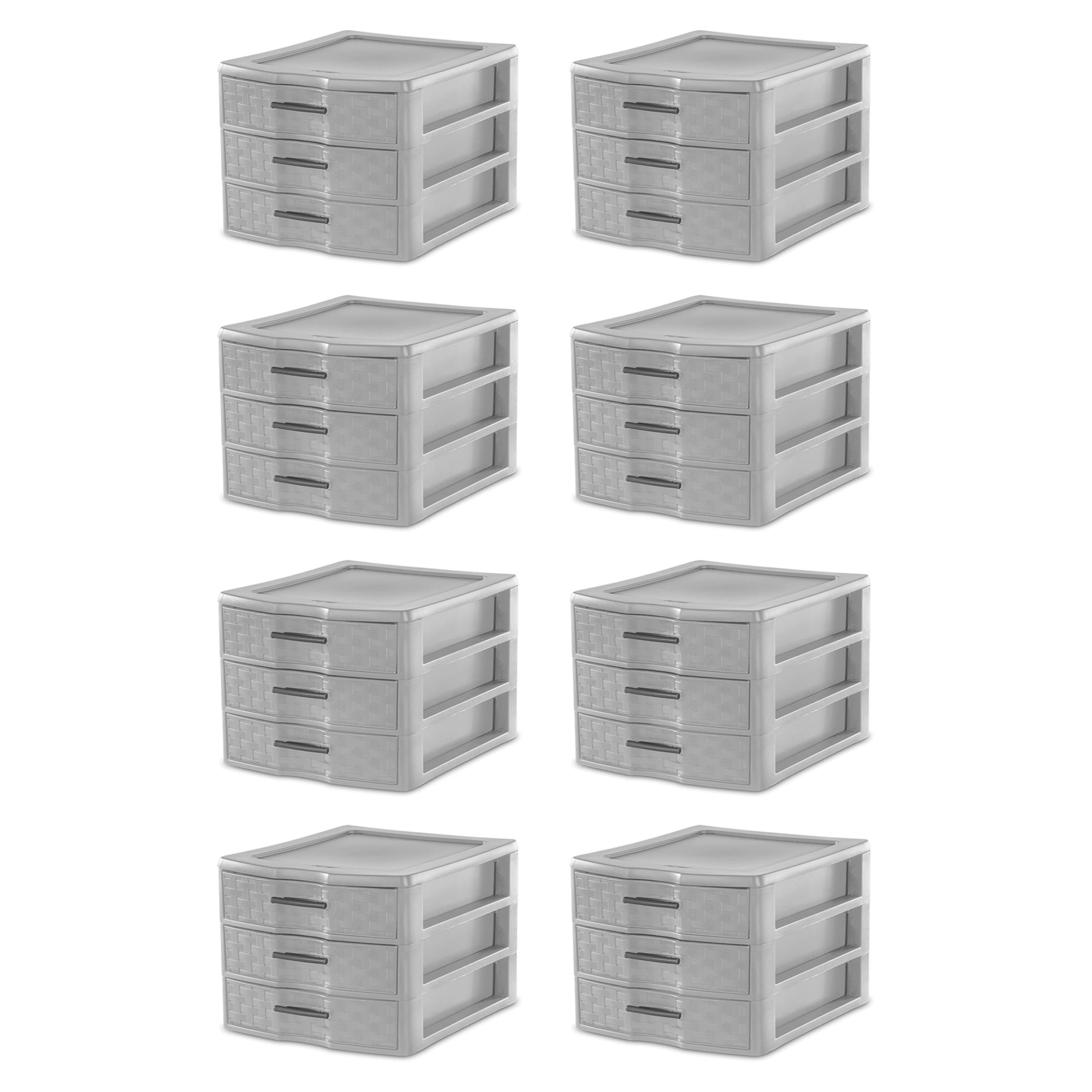 Sterilite Medium Weave 3 Drawer Storage Unit Versatile Organizer, Grey (8 Pack)