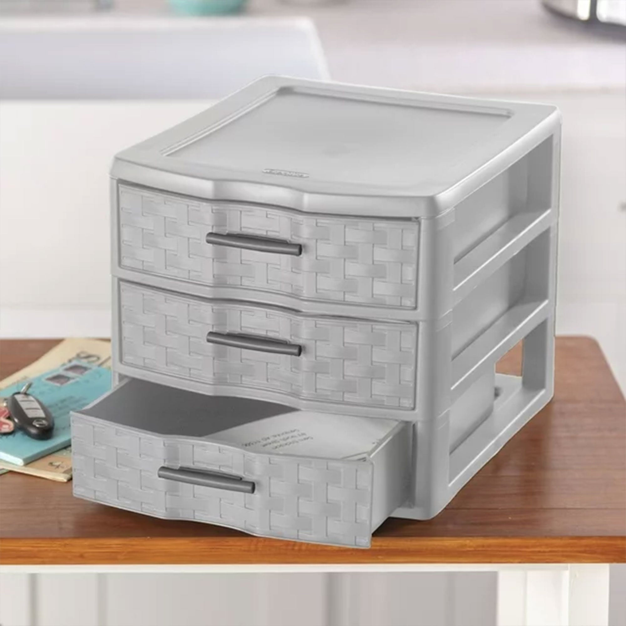 Sterilite Medium Weave 3 Drawer Storage Unit Versatile Organizer, Grey (8 Pack)