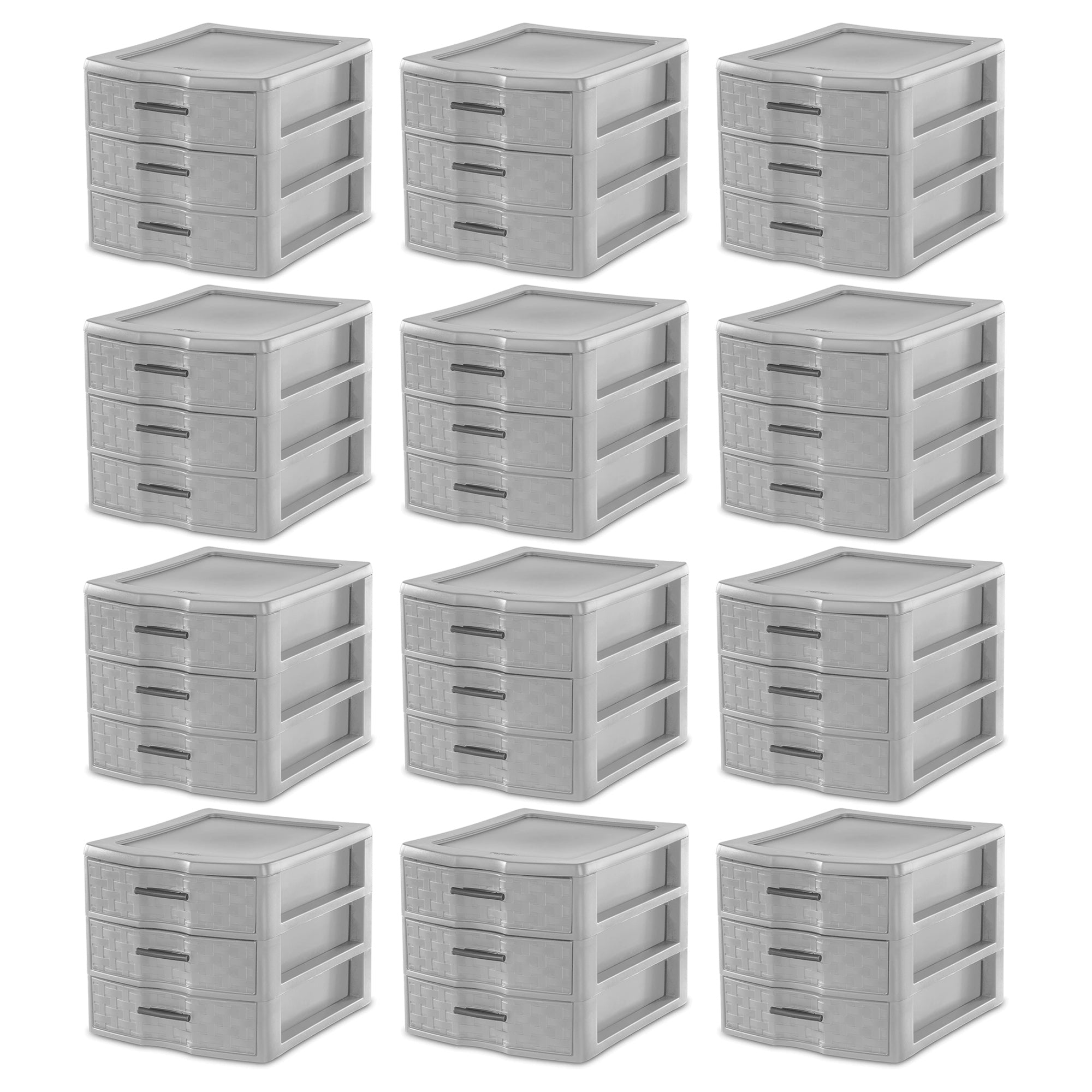 Sterilite Medium Weave 3 Drawer Storage Unit Versatile Organizer, Grey (12 Pack)