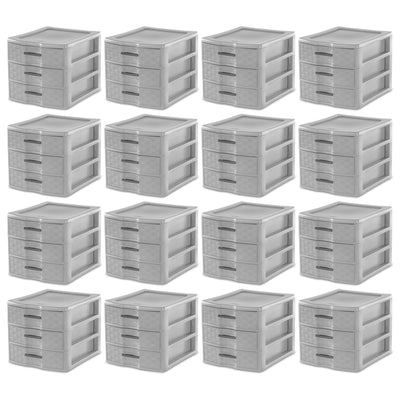 Sterilite Medium Weave 3 Drawer Storage Unit Versatile Organizer, Grey (16 Pack)