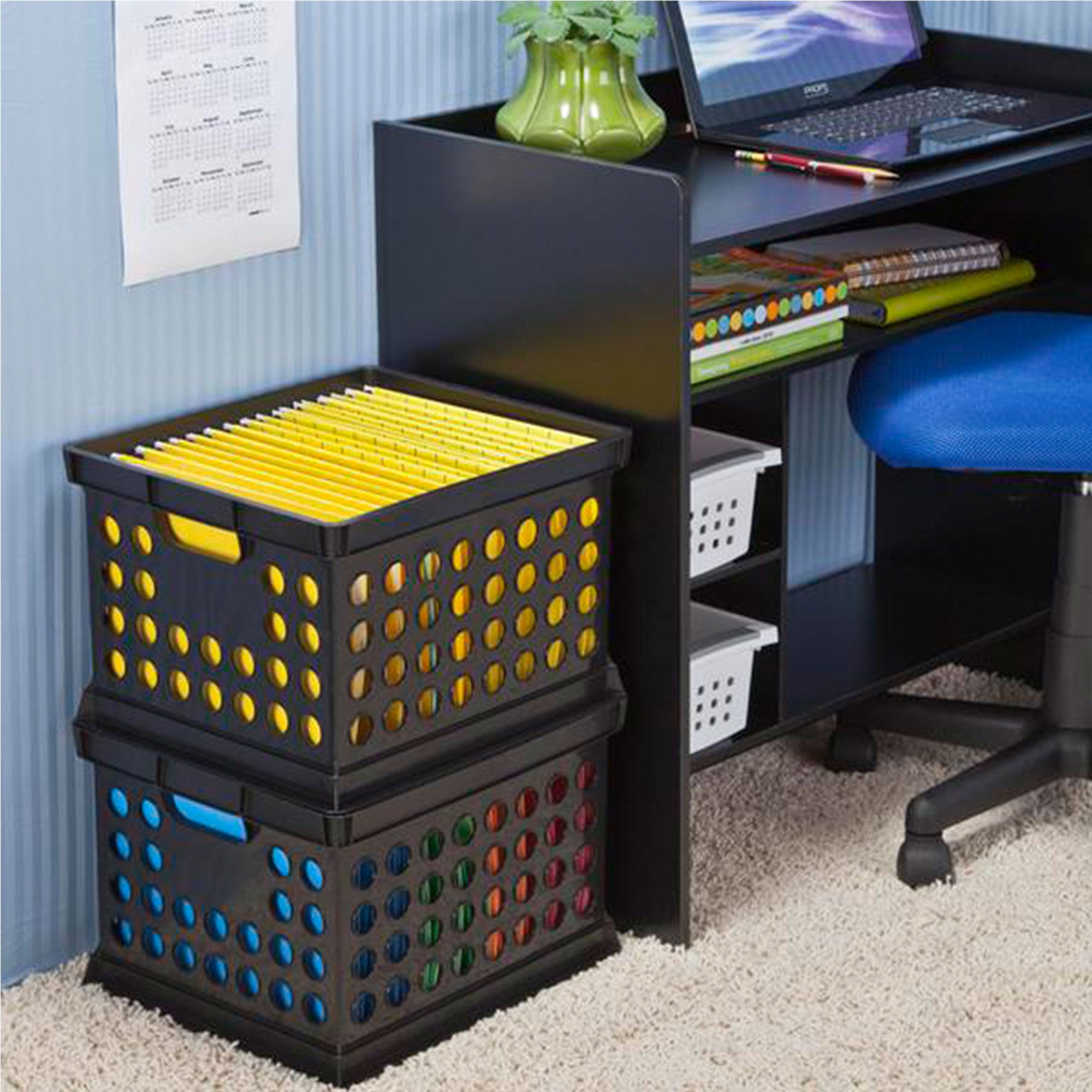 Sterilite Stackable Plastic Storage Open Crate Bin Organizer Box, Black, 24 Pack - VMInnovations